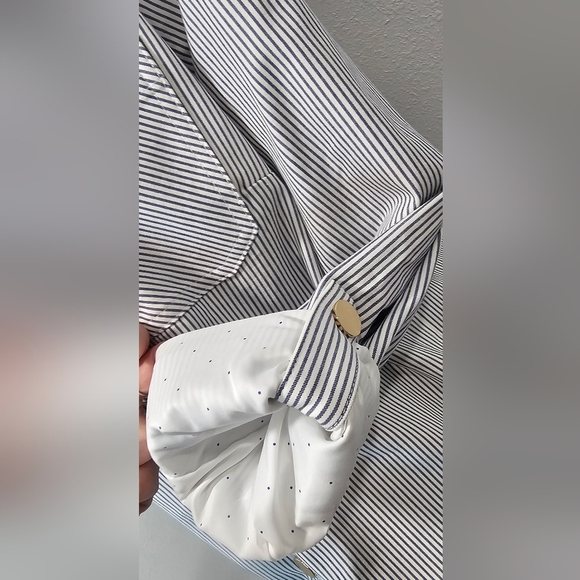 Chico’s Blue & White Striped Indigo Snap Front Jacket Roll Tab Sleeves, SZ 3 NWT - Picture 4 of 16